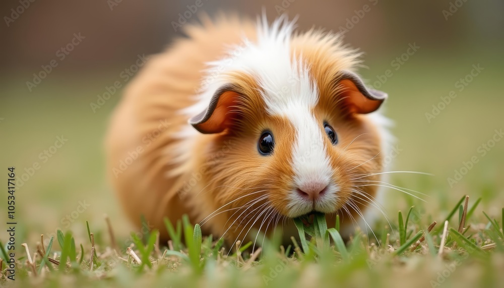 Curious and cute a fluffy guinea pig explores the grassy field Curious and cute a fluffy guinea pig explores the grassy field