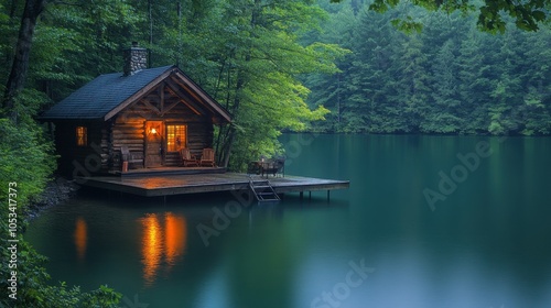 Lakefront cabin with a dock.