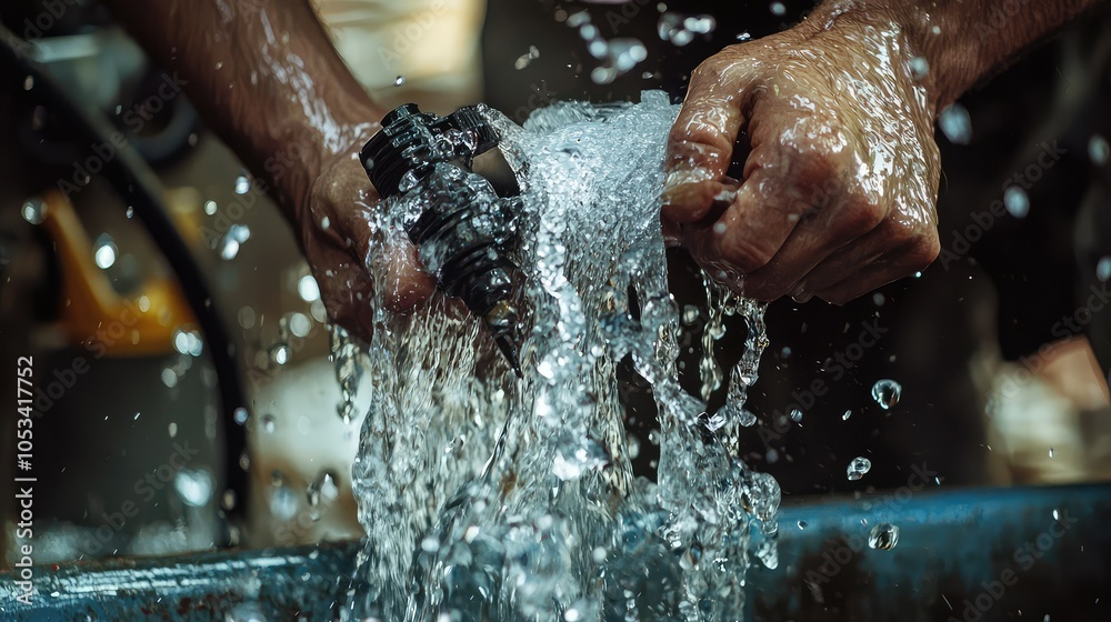 Fototapeta premium Dynamic Water Leak Repair Process in Action