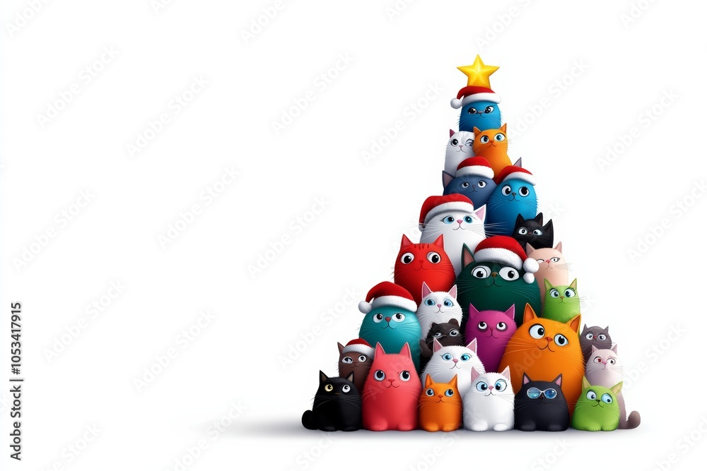 Fototapeta premium Group of cats wearing Santa hats are arranged in a pyramid formation. festive and playful mood. cute Christmas tree made of cats, with lots of different kittens in santa hats sitting on it, white back