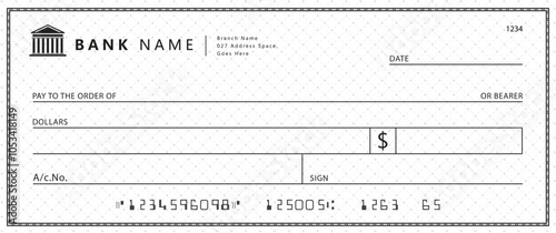 Bank check, vector blank money cheque, checkbook template with guilloche pattern and fields. Currency payment coupon, money check background