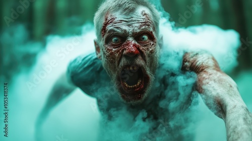 In this dramatic image, a horrifying zombie with a blood-spattered face and wide, intense eyes, emerges from thick, swirling smoke, embodying terror and chaos. photo