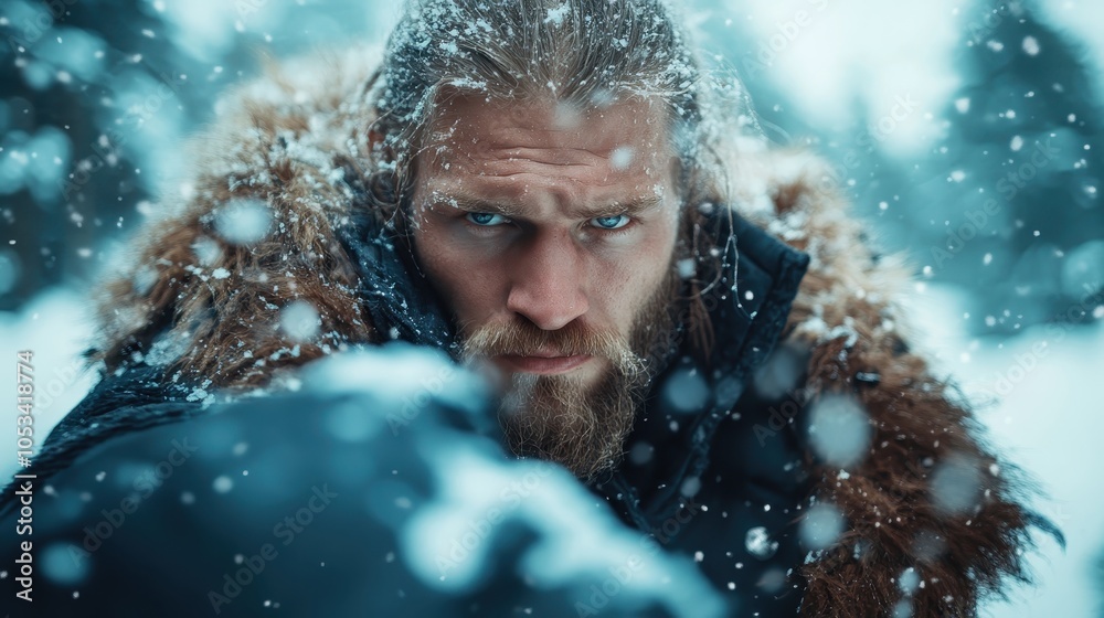 A fierce, bearded man with piercing eyes glares into the camera, wearing a fur coat amidst a snowy backdrop, conveying raw energy and intensity. A fierce, bearded man with piercing eyes glares into the camera, wearing a fur coat amidst a snowy backdrop, conveying raw energy and intensity.