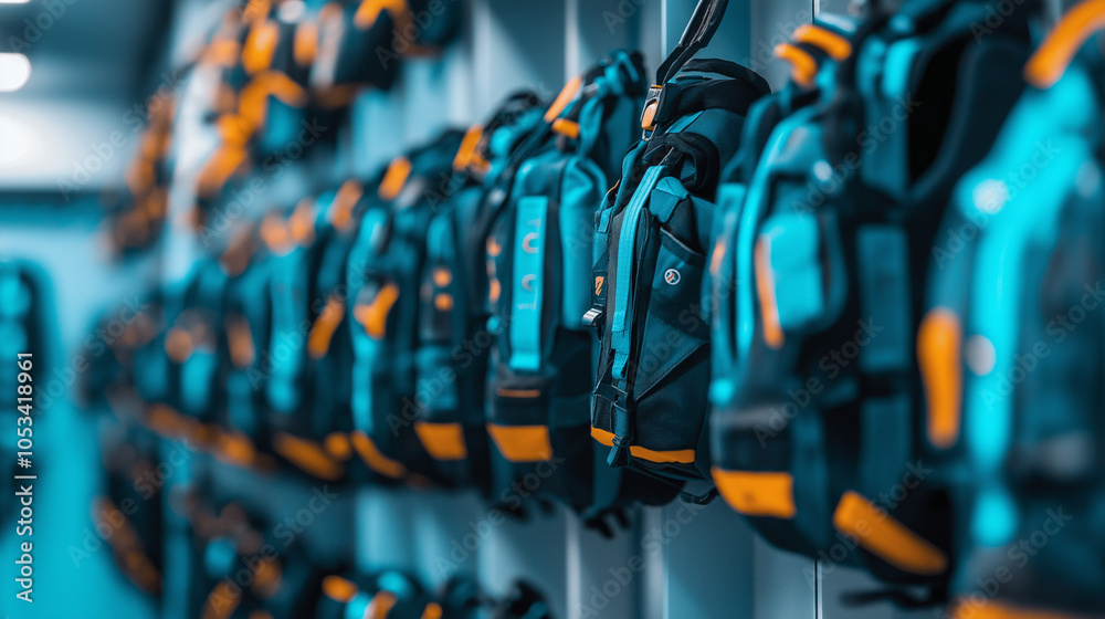 Fototapeta premium A row of blue and orange backpacks hang on a wall.