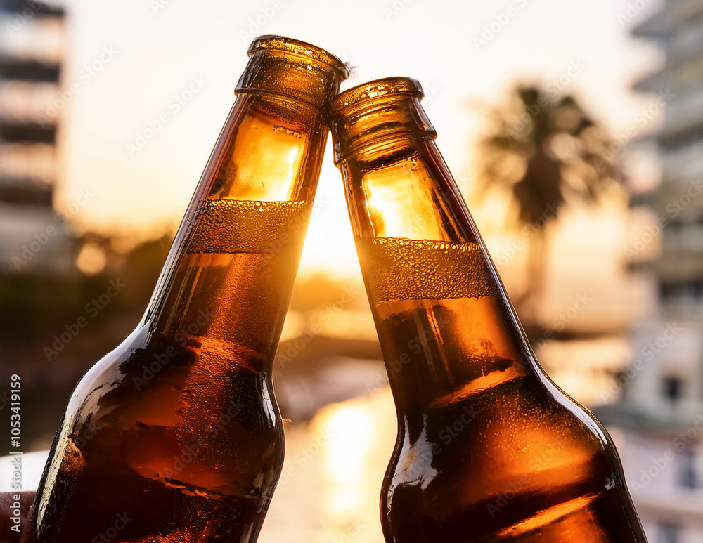 Mit zwei Bierflaschen anstossen vor dem Sonnenuntergang