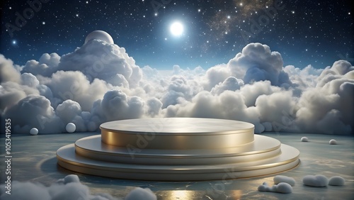 artistic display podium with night sky and soft cloud decor in calming blue and white