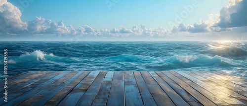 Ocean Horizon: A wooden pier extends into a vast, blue ocean, with waves crashing against its edge. The sun peeks through the clouds, casting a golden glow on the water. 