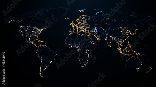 Fototapeta Naklejka Na Ścianę i Meble -  A world map with a detailed outline and glowing lights depicting the locations of urban centers around the globe.