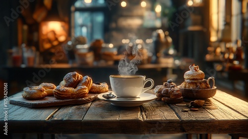 Wallpaper Mural Coffee and pastries on a rustic wooden table in a cafe Torontodigital.ca