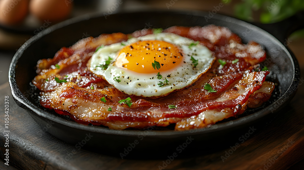 Close-up of Mouthwatering, Golden-Brown Eggs and Bacon in an Iron Skillet, Perfectly Fried and Crispy, Showcasing a Delicious Breakfast Dish Full of Rich Flavors and Homestyle Cooking
