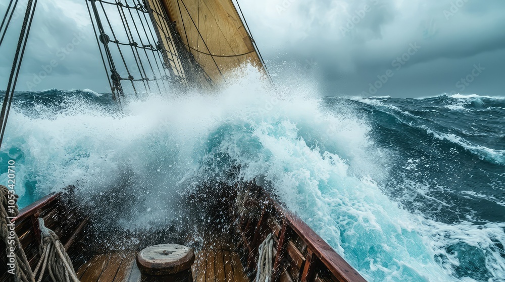 Fototapeta premium Dramatic Pirate Ship Battling Stormy Seas