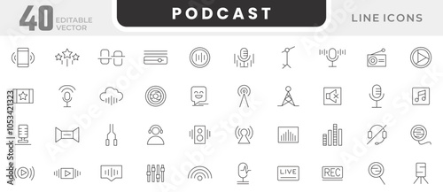 Podcast line icon set. Sound and music, songs, playlists, music, albums, microphone, karaoke, video, social networks, public journalism, communication line icon set. UI thin line icon pack.