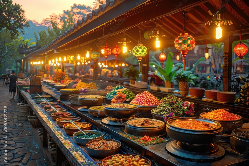 A colorful, vibrant dinner with a variety of street food from around the world