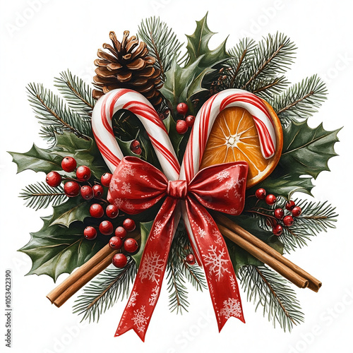 Classic Christmas Charm: Candy Canes, Pine Cones, Orange Slices, and Holly with a Red Bow