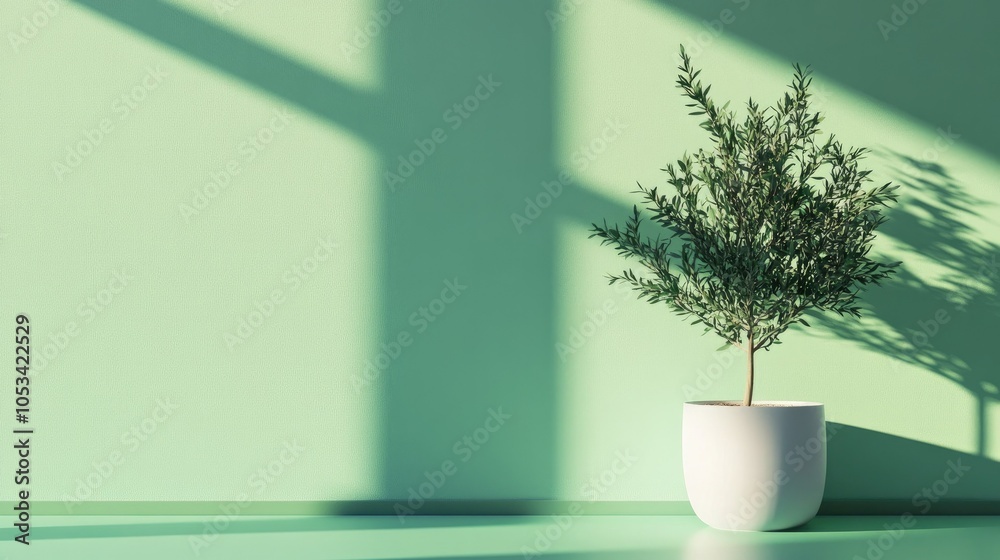 Fototapeta premium Minimalist house decor with a small potted tree on a vibrant green background, perfect for modern interiors.