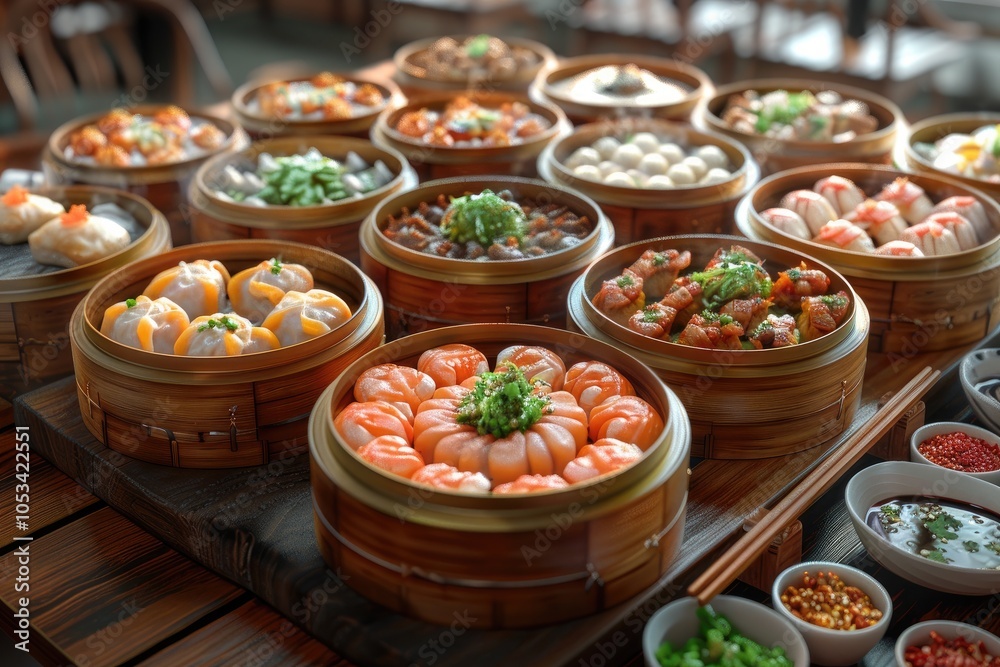 A comforting Chinese dim sum assortment with dumplings, buns, and dipping sauces A comforting Chinese dim sum assortment with dumplings, buns, and dipping sauces