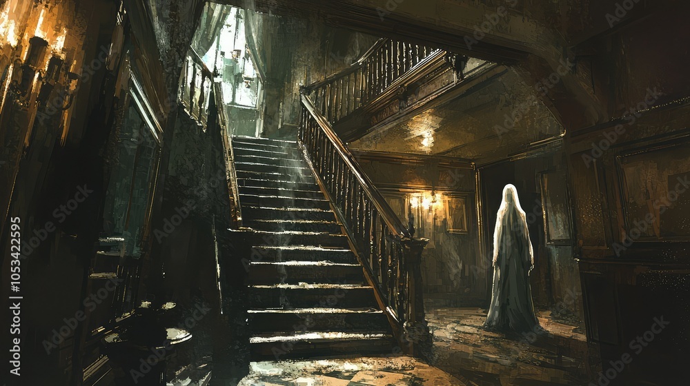 Obraz premium Ghostly Figure in an Abandoned Staircase Scene
