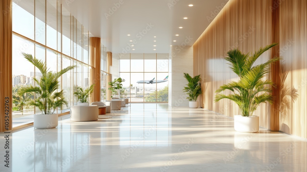 An elegant, well-lit lobby area featuring palm plants and a panoramic window view with an airplane in the distance against a bright cityscape backdrop. An elegant, well-lit lobby area featuring palm plants and a panoramic window view with an airplane in the distance against a bright cityscape backdrop.