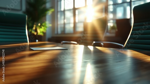 A spacious conference room table is illuminated by sunlight through large windows, casting shadows and highlighting the sleek green chairs and wooden surface.