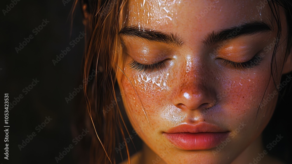 Soft shadows embrace the young woman’s wise expression, with closed eyes reflecting deep thoughts. The intimate atmosphere highlights her beauty and the depth of experience.