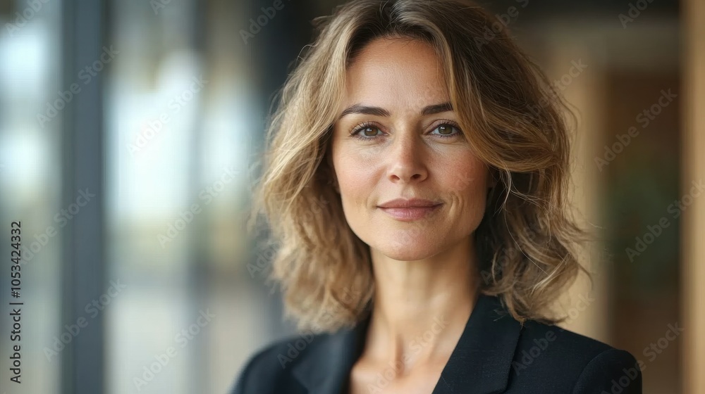 Fototapeta premium Middle-aged American woman with a business suit and a friendly look.