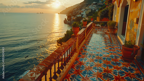Italian coast landscape, Amalfi beach and colorful ethnic ceramic tiles. Summer, sea life. 300 DPI	