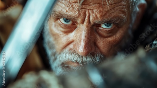 Close-up of an elderly bearded warrior with piercing blue eyes, exuding intense determination and strength, surrounded by blade reflections. Highlights wrinkles and weathered features. photo