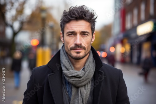 Portrait of a handsome young man wearing coat and scarf in the city