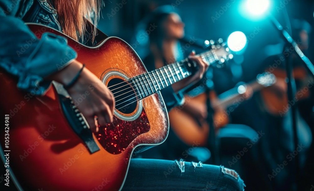 Obraz premium A man is playing a guitar in front of a microphone