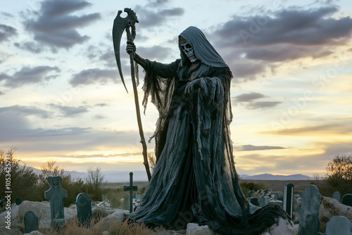 Santa de Muerte in a flowing, tattered cloak, holding a scythe in one hand, surrounded by a hauntingly beautiful graveyard at dusk.