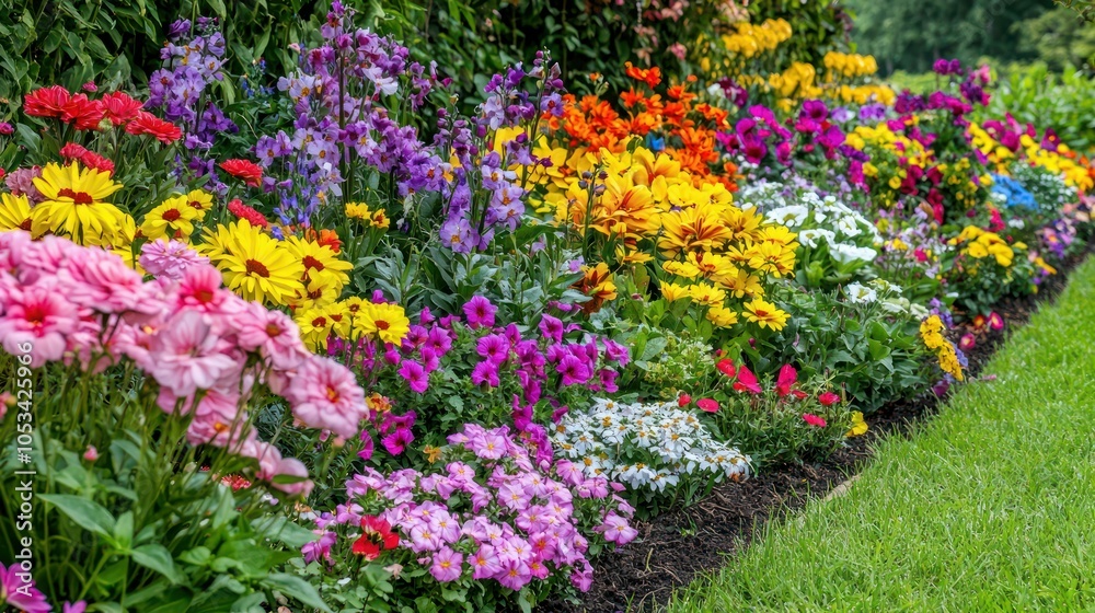Fototapeta premium A colorful flower bed filled with a variety of blooms, creating a vibrant garden display