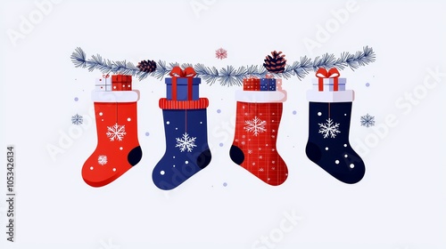 Christmas socks filled with presents and candy canes, hanging from a fireplace mantle, glowing lights and elegant 'Merry Christmas' text above