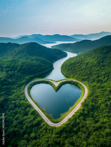 Aerial view of a heart-shaped lake surrounded by dense green forest and winding river, symbolizing love and natural beauty