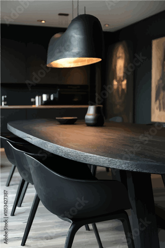 Sophisticated modern dining room with an oval black wooden table and matte black chairs, creating a minimalist ambiance.