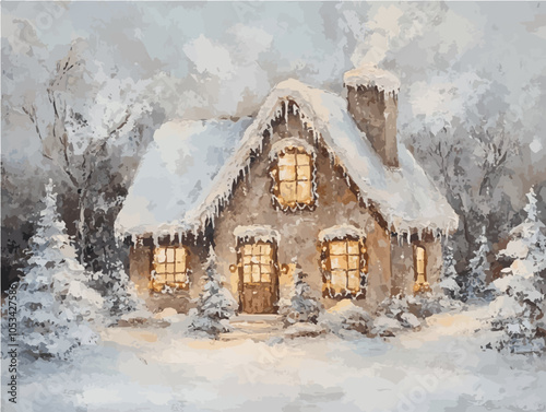 Vintage oil painting of a cozy gingerbread house in a winter forest, covered in snow and glowing warmly.