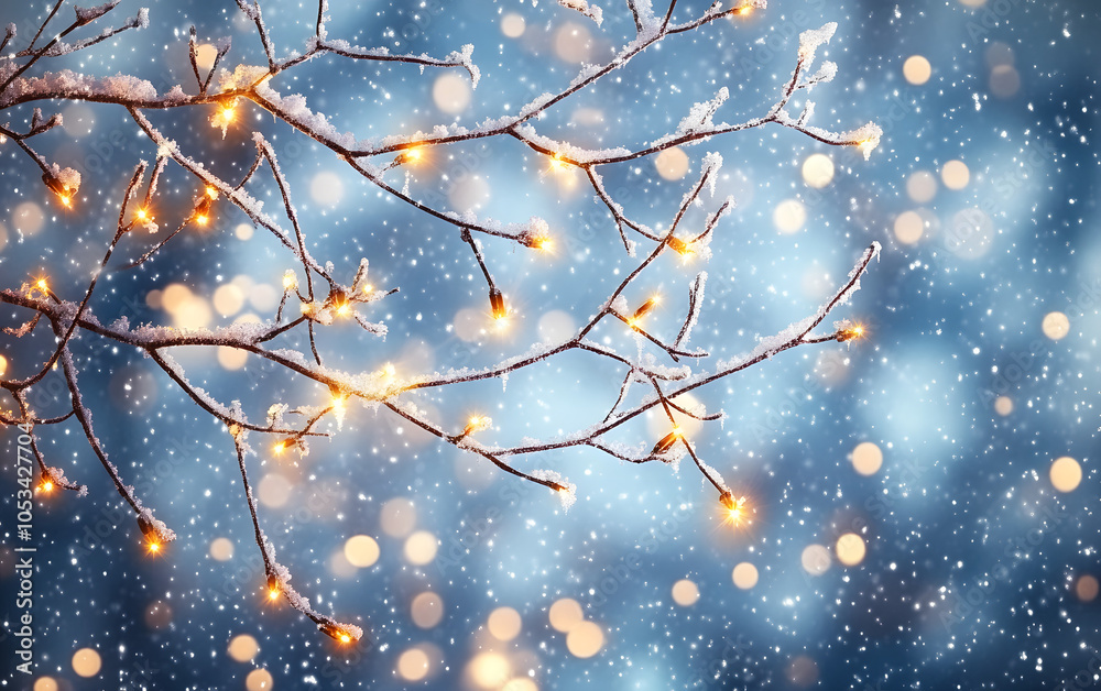 Snow-dusted tree branch adorned with warm glowing Christmas lights against a bokeh-filled blue sky, creating a festive winter background Snow-dusted tree branch adorned with warm glowing Christmas lights against a bokeh-filled blue sky, creating a festive winter background