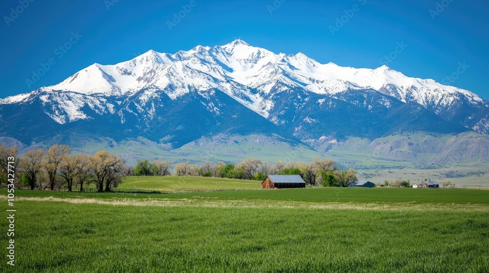 Snow-capped mountain range with peaceful green grassland farm; perfect for calm, nature-focused themes with copy space Snow-capped mountain range with peaceful green grassland farm; perfect for calm, nature-focused themes with copy space