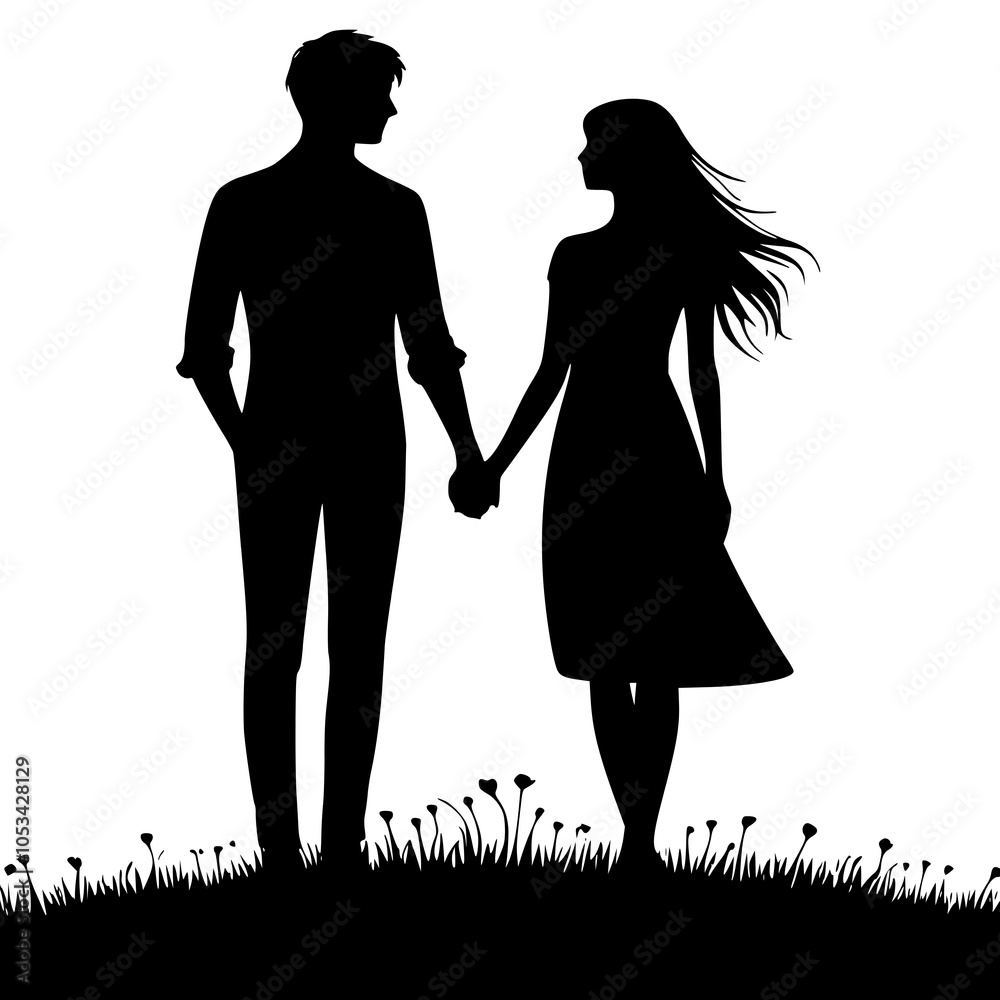 Silhouette of Couple Holding Hands in Nature. Pure love Silhouette of Couple Holding Hands in Nature. Pure love