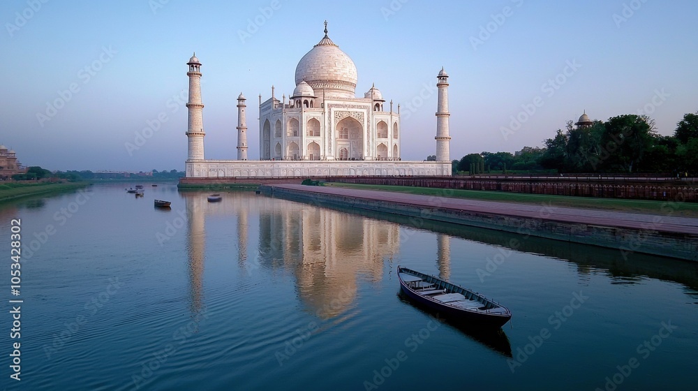 Naklejka premium Serene Reflection of Taj Mahal at Dawn