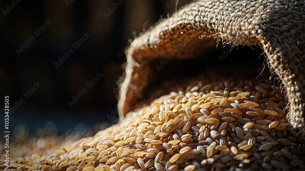 Close-Up of Spilling Rice Grains from a Jute Sack Close-Up of Spilling Rice Grains from a Jute Sack