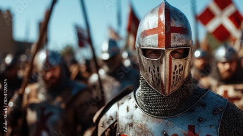 A knight in shining armor with a red cross on his helmet stands amidst fellow warriors, exuding bravery, honor, and medieval spirit in a historical battle scene. photo