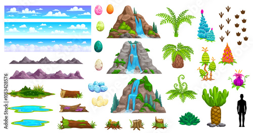 Jungle, landscape and prehistoric dinosaur era environment game asset. Cartoon vector mountains, waterfalls, clouds and pools, plants, ferns, dinosaur footprints, colorful eggs and human silhouette