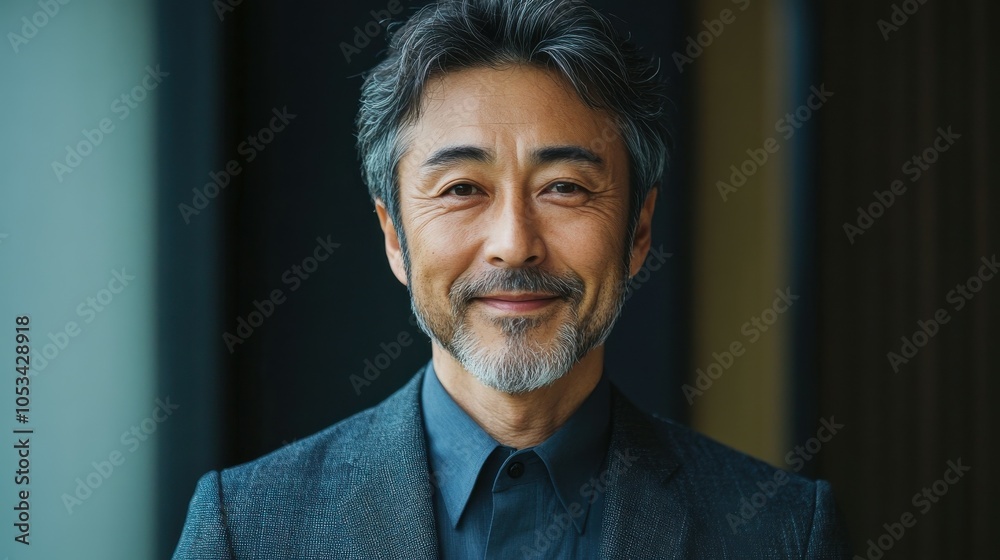 Middle-aged Japanese man with a stylish suit and a friendly look. Middle-aged Japanese man with a stylish suit and a friendly look.