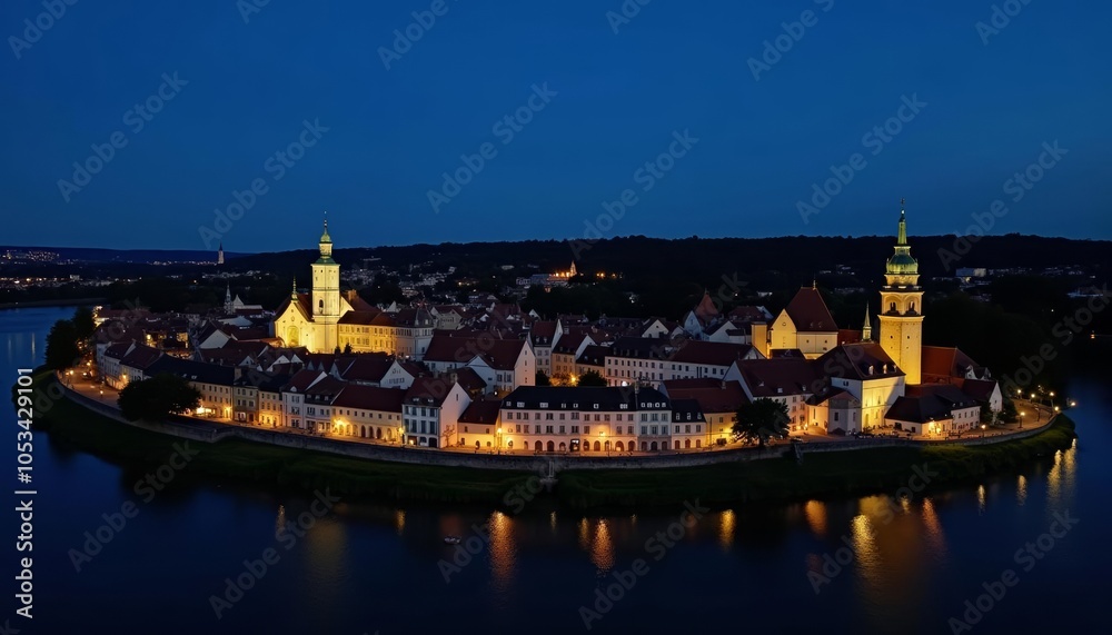 Fototapeta premium Glowing cityscape at dusk serene waters and architectural beauty