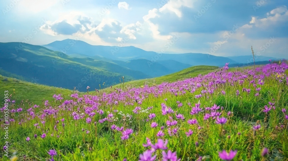 Obraz premium A scenic view of a hillside covered in wild purple flowers, celebrating nature's beauty