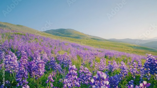 A scenic view of a hillside covered in wild purple flowers, celebrating nature's beauty