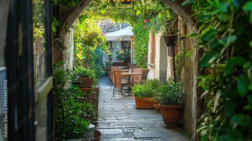 Fototapeta premium Cozy Cafe Passageway Surrounded by Greenery