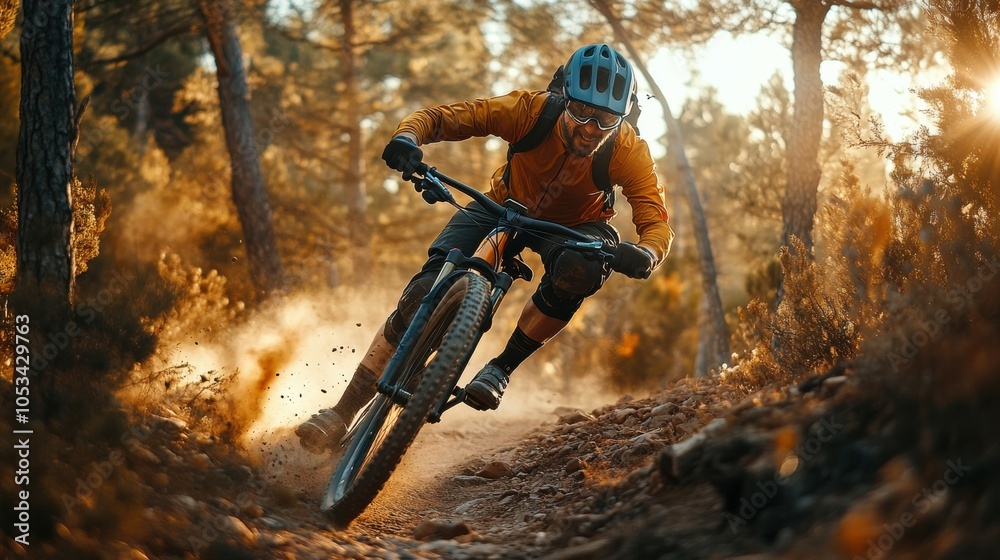 Naklejka premium Man mountain biking on a challenging trail, 4K hyperrealistic photo Couple enjo