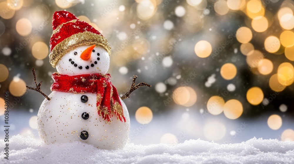 smiling snowman dressed in a red scarf and golden hat, standing on pristine white snow with a blurred bokeh background, ideal for a charming Christmas card design smiling snowman dressed in a red scarf and golden hat, standing on pristine white snow with a blurred bokeh background, ideal for a charming Christmas card design