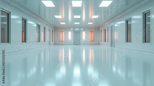 A pristine, white corridor is showcased with ambient lighting and several doors, portraying a futuristic setting that emphasizes cleanliness and modern aesthetics. photo